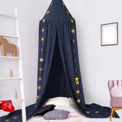 Babybaldakijn, bedhemel voor kinderen, kinderkamer, bedgordijn, katoen, decoratie, muggennet voor prinses, speeltenten, babybed en slaapkamer, decoratie met sterrenslinger (marineblauw)