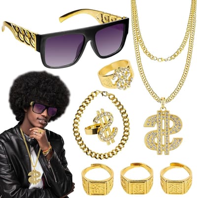 Carnaval Kostuum Accessoires Set met Gouden Ketting, Zonnebril, Armband en Ringen voor 80s en 90s Themafeest
