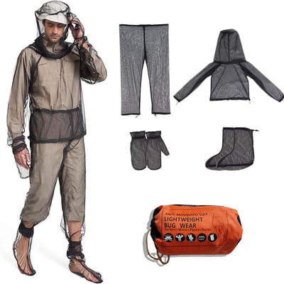 Premium muggenset - 4 stuks - Muskietennet - inclusief capuchon, broek, wanten en sokken - Hoofdklamboe - lichaamsbedekkende kleding voor heren en dames - ideaal voor kamperen, jagen en buitenactiviteiten