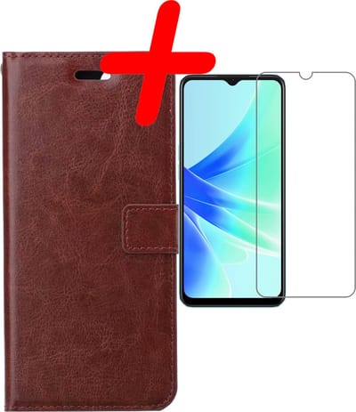 Hoesje Met Screenprotector - Geschikt voor OPPO A17 - Luxe Pasjeshouder - Bookcase Portemonee - Flip Case - Kunstleer Book Case - Flipcase - Book Cover - Walletcase - Portemonneehoes - Bruin
