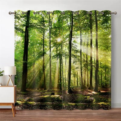 3D Bos Verduisterend Gordijn Jungle Boom Natuur Landschap Raamgordijn Woonkamer Slaapkamer Waterval Links en Rechts Openslaand 100W160H(CM)40x63in&Grommet Top