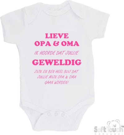 100% katoenen Romper "Lieve opa & oma ik hoorde dat jullie geweldig zijn en ben heel blij dat jullie mijn opa & oma gaan worden!" Meisjes Katoen Wit/roze Maat 56/62