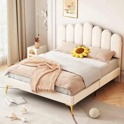 VVBV Gestoffeerd Bedframe 140x200 cm - Lattenbodem, Voor Slaapkamer/Gastenkamer, Voor Kinderen/Tieners - Fluweel Beige