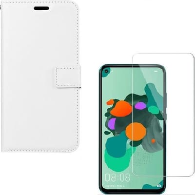 hoesje Geschikt voor: Huawei Mate 30 Lite Portemonnee Geschikt voor: Wit met 2 stuks Glas Screen protector