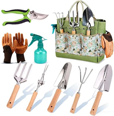 Complete 9-delige tuingereedschapsset met draagtas, roestvrij staal, houten handgrepen, tuinschaar, handschoenen en spuitfles voor tuinonderhoud en plantenverzorging