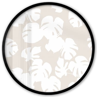 Poster in lijst Rond - Fotolijst 40x40 cm - Posters - Planten - Bladeren - Wit - Beige - Ronde posterlijst zwart - Decoratie - Wanddecoratie woonkamer - Muurdecoratie slaapkamer