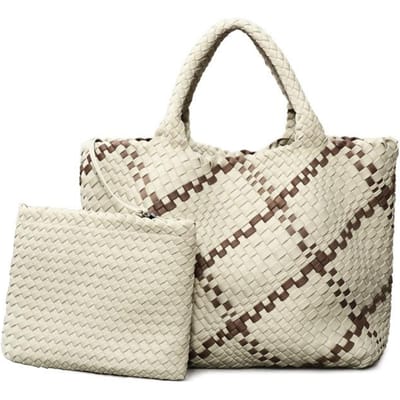 Modieuze Dames Handtas, Geweven Kleurblok Enkel-schouder Tas beige