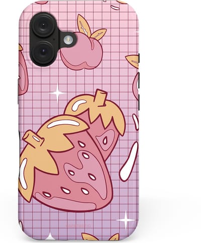 Casetastic hoesje geschikt voor Apple iPhone 16 - MagSafe - Dubbellaagse bescherming - Zoete aardbeien raster - Fashion Case - Lichtroze Lila Perzik Koraal