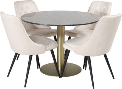 EstelleØ106BLBR eethoek eetkamertafel zwart, marmer en 4 Velvet Deluxe eetkamerstal velours beige, zwart.