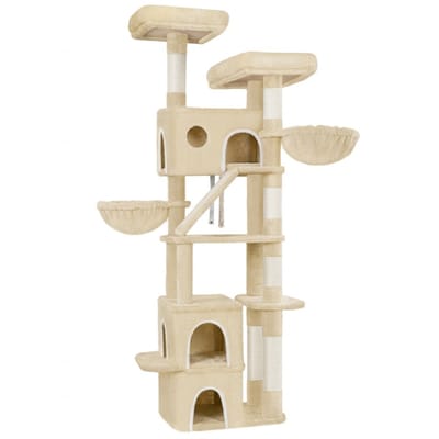 Kattenboom – Voor Katten – 185 cm Grote Kattenboom met 6 Krabpalen, 3 Holletjes, 2 Uitzichtplatforms, 2 Mandjes en 4 Speelballetjes – Beige