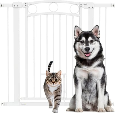 PawHut Türschutzgitter Hund, 76-104 cm Absperrgitter ohne Bohren, Treppengitter aus Stahl, Treppenschutzgitter mit Katzentür, Schutzgitter, Sicherheitsgitter für Treppen, Tür, Flur, Weiß