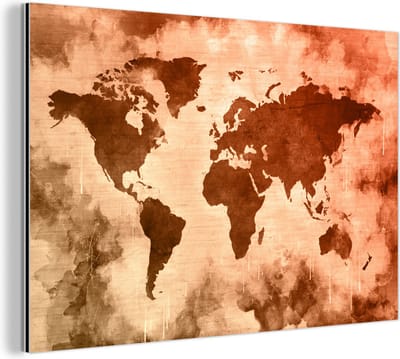 Aluminium schilderij 180x120 cm - Wanddecoratie metaal - Wereldkaart - Rood - Bruin - Metalen muurdecoratie woonkamer - Decoratie industrieel - Foto op dibond - Industriële accessoires slaapkamer