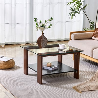 Wishdor - Salontafel - Met Opbergruimte En Glazen Blad - Modern - Voor Woonkamer - MDF En Glas - Walnootkleur - 65 x 41 x 45,5 cm