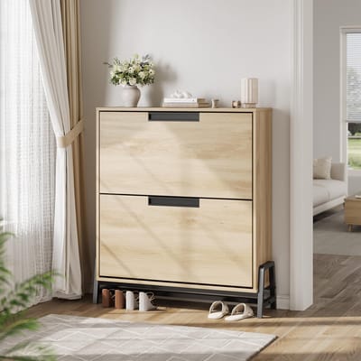 Schoenenkast met 2 Kleppen - 80x24x94cm - Schoenenrek - Schoenenmeubel Smal - 2 Lagen - Verstelbare Planken - Metalen Onderstel - Vrijstaand - Voor Hal Woonkamer Entree - Houtkleur