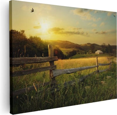 Artaza Canvas Schilderij Zonsondergang Platteland - 40x30 cm - Klein - Wanddecoratie Vogels - Muurdecoratie Weiland - Kamer Accessoires
