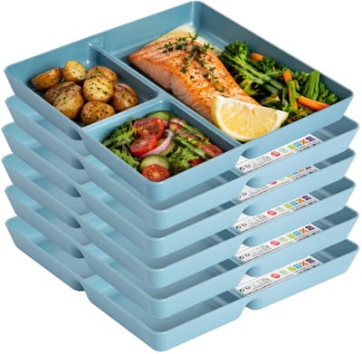 Plasticforte Vakjesborden - 6x stuks - blauw - gourmetbord - 3-vaks - kunststof - 24 x 24 cm - fonduebord - bbq - camping