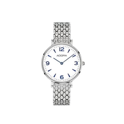ADORA AT5722 Dameshorloge Zilver – Witte Wijzerplaat met Blauwe Cijfers – Modern Minimalistisch Design – Luxe Gevlochten Band – Elegant & Tijdloos