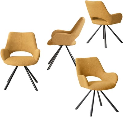 Set van 2 eetkamerstoelen met rugleuning en armleuningen, gestoffeerde zitting in gele stof, 58,5 x 59 x 81 cm