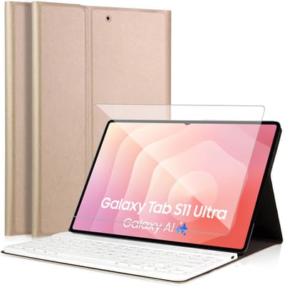 Hoes met toetsenbord geschikt voor Samsung Galaxy Tab S11 Ultra - Screen Protector GlassGuard - Keyboard Book Case Cover Hoesje Goud & Screenprotector