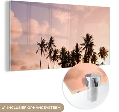 MuchoWow® Glasschilderij 120x60 cm - Schilderij acrylglas - Pastel - Lucht - Palmboom - Foto op glas - Schilderijen