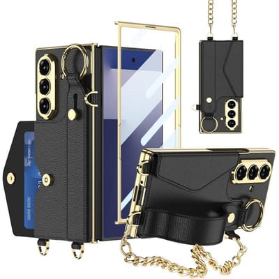 Gouden Armband Bracelet Gegalvaniseerd Effen Leer Kaartsleuf Glazen Beschermhoes voor Samsung Galaxy Z Fold7 Fold 7 6 Cover Galaxy Z Fold7