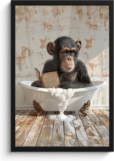 Poster in lijst - Fotolijst 40x60 cm - Posters - Vintage - Aap - Badkuip - Schuim - Dier - Posterlijst zwart - Wanddecoratie badkamer - Muurdecoratie WC - Decoratieve accessoires - Toilet muur decoratie