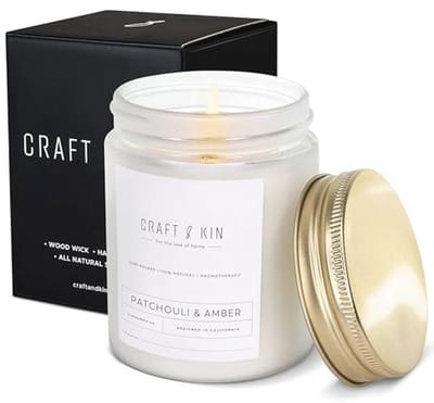 Patchouli & Amber Geurkaars | 8 Oz | 45 Uur Langdurige Geur | Klassieke Soja Lente Geurkaarsen met Houten Wiek | Natuurlijke Soja | Cadeaus voor Mannen en Vrouwen
