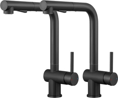 CECIPA Max Keuken kraan - Keukenkraan Zwart - 2 stuks - Keukenkraan Met Uittrekbare Uitloop - Handdouche - 360° Draaibare keukenkraan - Keukenkraan Met 2 straalsoorten - Zwart