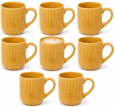Secret de Gourmet koffie mok Memphis - 8x stuks - okergeel - 300 ml - drink mokken - keramiek - met stijlvol motief