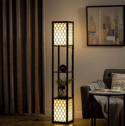 STILVORA Staande Lamp – Met Dubbel Licht en 2 Planken – 26 x 26 x 156 cm – MDF en Stof – Zwart – Voor Woonkamer en Slaapkamer