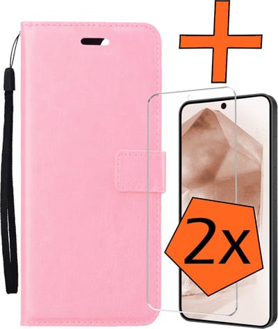 Hoes - Met 2x Screenprotector - Geschikt voor Samsung Galaxy A55 - Luxe Pasjeshouder - Bookcase Portemonee - Flip Case - Kunstleer Book Case - Flipcase Hoes - Book Cover - Walletcase - PortemonneeHoes - Lichtroze