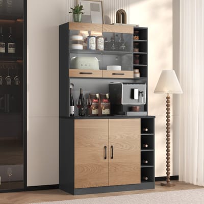 Wishdor Keukenkast - Met Ledverlichting En Kabeldoorvoer - Versterkt Glas - Houtlook En Donkergrijs - 100 X 47 X 187 Cm