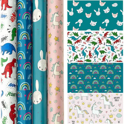 Baby & Kinder Cadeaupapier – Set van 4 Rollen – 70 x 150 cm – Stevig 80 gsm – Vrolijke Designs – Dieren, Dino, Regenboog & Unicorn