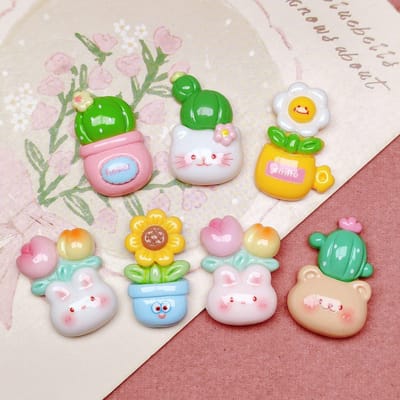 100 Kawaii Cartoon Flower Potted Cactus Cabochon Résine pour la Fabrication de Bijoux DIY Boucles d'Oreilles Pendentifs Accessoires Maison de Poupée Artisanat Déco