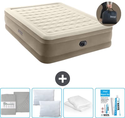 Intex Luchtbed - 2-Persoons - 152 x 203 x 46 cm - Beige - Inclusief pomp - Hoeslaken - Kussen - Reparatieset en Kussenbeschermer