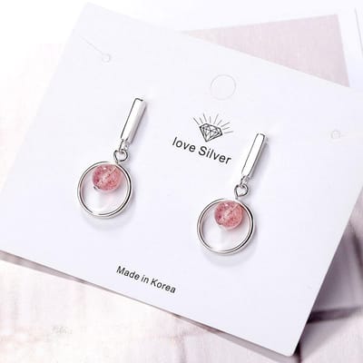 925 Sterling Zilver Mode Eenvoudig Zirkoon Eenvoudige Ronde Aardbeikristal Oorbellen Voor Vrouwen Zilverkleur Sieraden S-E736 white