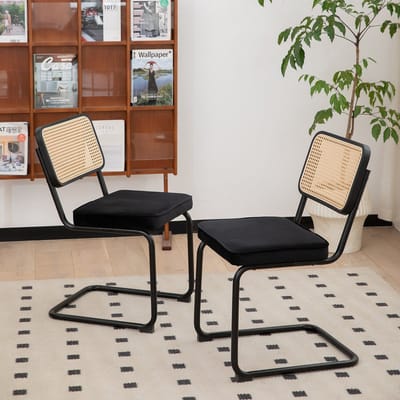 REDOM Eetkamerstoelen Set van 2 - Stapelbaar - Modern - Voor Eetkamer en Keuken - Staal, Stof en Rotan - Zwart