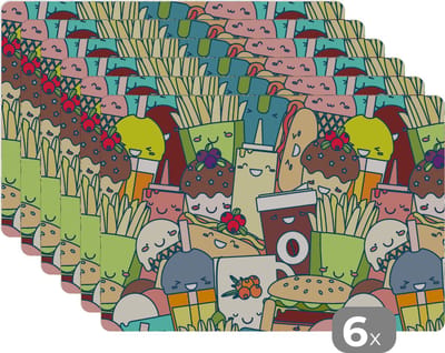 Placemat - Placemats kunststof - Kawaii - Patronen - Fast Food - 45x30 cm - 6 stuks - Hittebestendig - Anti-Slip - Onderlegger - Afneembaar