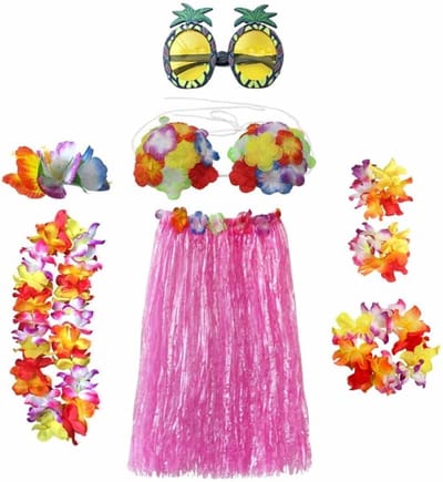 Hawaiiaanse Hula Rok Kostuum Set met Bloemen Bikini Top, Hibiscus Haarclip en Ananas voor Volwassenen - Perfect voor Zomerfeesten en Tropische Thema's