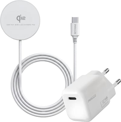 Phreeze Qi2 Draadloze Oplader 15W + Mini 30W USB-C Snellader - Magnetische Oplader - GaN - Wireless Charger - Draadloze Lader - Voor Telefoon - Wit