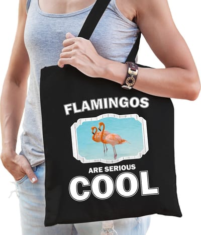 Dieren flamingo katoenen tasje volw + kind zwart - flamingos are cool boodschappentas/ gymtas / sporttas - cadeau flamingo vogels fan