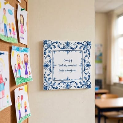 Tegeltje met tekst | Bedankt Juf | Delfts Blauw | Bedankt cadeautje | Matte afwerking | Inclusief gratis ophangsysteem | 15 x 15 cm | Fotofabriek