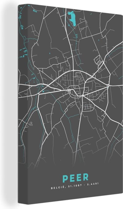 Canvas Schilderij Plattegrond – Peer – Blauw – Stadskaart - Kaart - België - 20x30 cm - Wanddecoratie