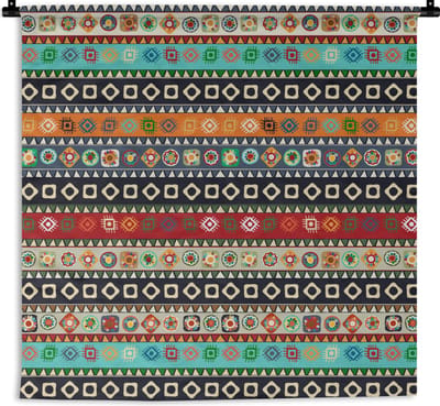 Wandkleed - Wanddoek - Patroon - Azteken - Symbolen - Regenboog - 90x90 cm - Wandtapijt