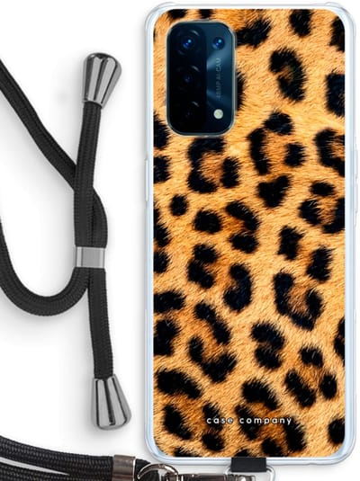 Case Company® - Hoesje met koord geschikt voor Oppo A74 5G hoesje met Koord - Luipaard - Telefoonhoesje met Zwart Koord - Bescherming aan alle Kanten en Over de Schermrand