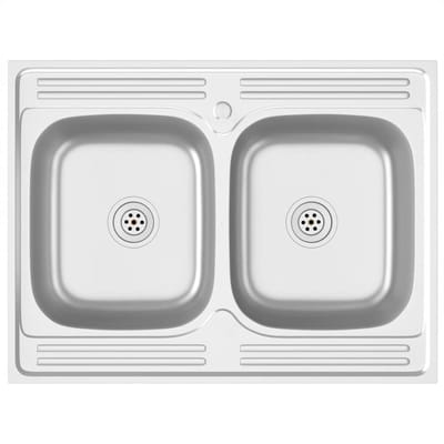 vidaXL - Gootsteen - met - dubbele - bak - 800x600x155 - mm - roestvrij - staal - zilver