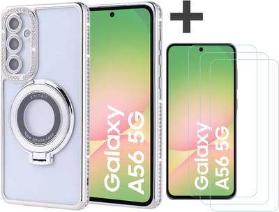 Hoesje met Ringhouder Geschikt voor Samsung Galaxy A56 met Diamant Glitters en 3 Stuks Gehard Glas Screenprotector – Arara Backcover - Zilver