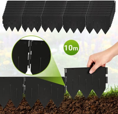 10m Grasrand, Kunststof Beeteindiging Tuinborder, 50-delige set (20x15 cm per stuk) met geïntegreerde driekantige voet, Zwart