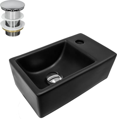 Wastafel incl. zilveren kabelwaste zonder overloop 35,5x20,5x12,5 cm zwart keramiek ML design