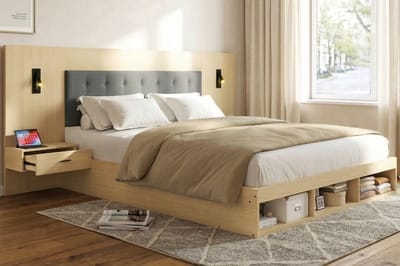 Tweepersoonsbed 160 x 200 cm – opbergbed – houten bed – tienerbed – voorzien van USB- en Type-C-oplaadpunten en een leeslamp – inclusief 2 nachtkastjes in licht eiken